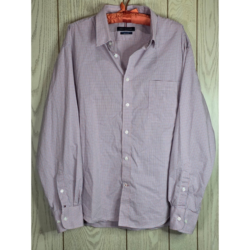 Tommy Hilfiger Mens XL Regular Fit All Season Stretch Micro Check Shirt Red Blue